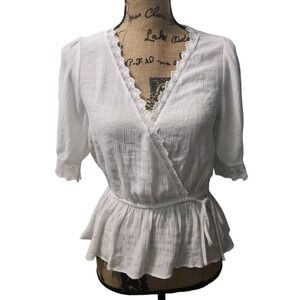 Lush White Wrap Blouse Lace Trim‎ Peplum Top Tie Waist 3/4 Sleeve